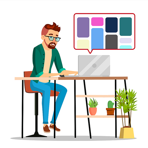 Graphic Designer Working Vector. Man Searching For References On Popular Creative Web Site. Freelance Concept. Illustration