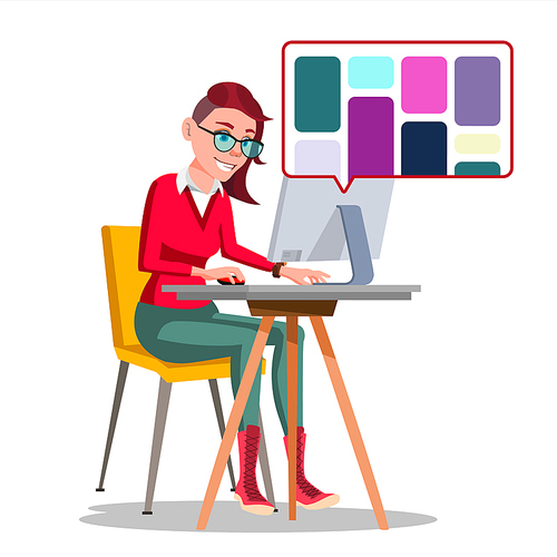 Graphic Designer Working Vector. Woman Searching For References On Popular Creative Web Site. Freelance Concept. Illustration