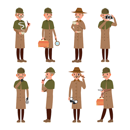 Detective Character Vector. Shamus, Spotter Man. Classic Detective Equipment. Isolated On White Cartoon Illustration