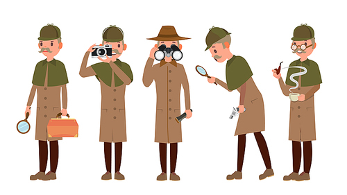 Classic Detective Vector. Retro Professional Funny Snoop, Shamus. Loking Through Magnifying Glass. Sleuthing, Disguising. Flat Cartoon Illustration