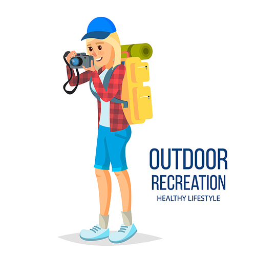 Hiking Girl Vector. Leading Healthy Lifestyle. Downshifting. Flat Cartoon Illustration