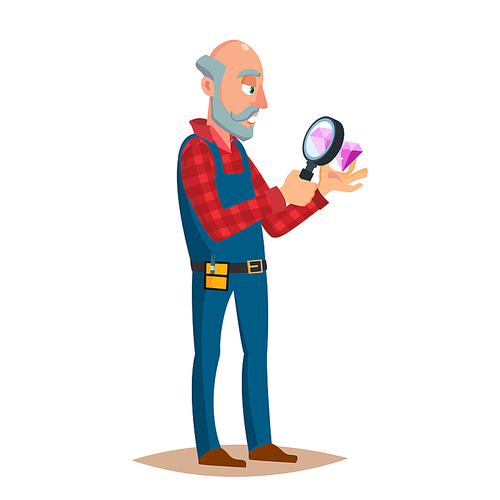Jeweler Man Vector. Eyeglass Magnifier, Jewelry Gem Items. Occupation Person To Work With Precious Stones. Cartoon Character Illustration