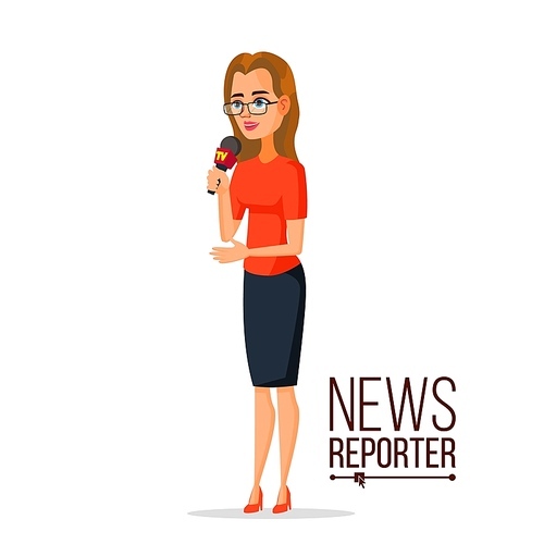 News Reporter Vector. Beautiful Smiling Female Television Reporter. Isolated On White Cartoon Character Illustration
