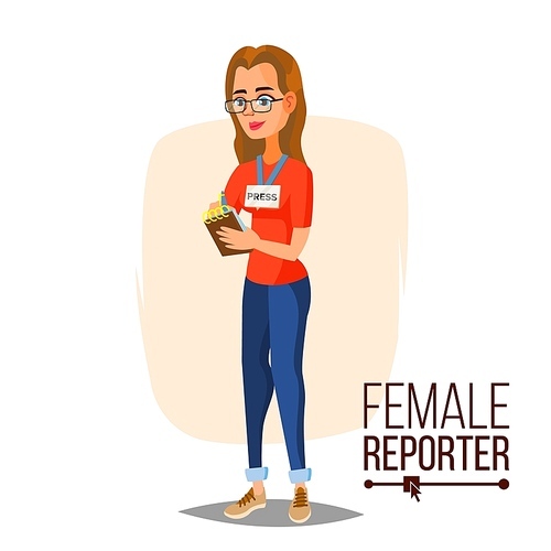 Female Journalist Vector. Microphone. Professional Reporter Isolated Illustration