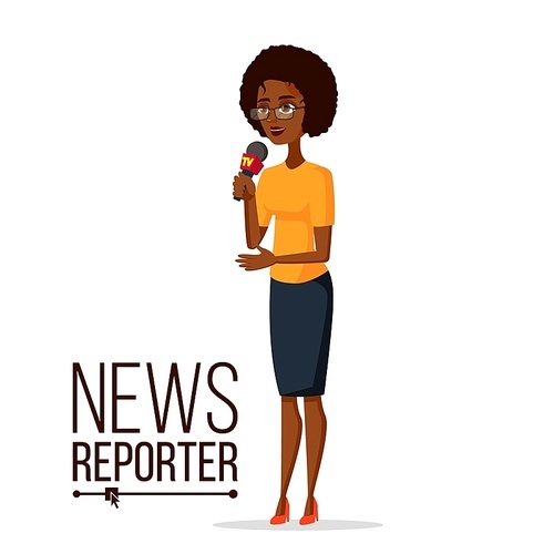 Female Journalist Vector. Microphone. Professional Reporter Isolated Flat Cartoon Character Illustration