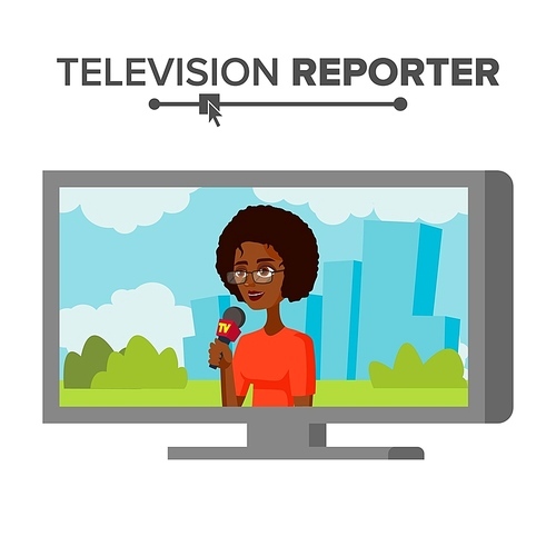 TV Correspondent Vector. Journalist Woman. TV Reporter Presenting News. Outside Broadcasting Cartoon Character Illustration