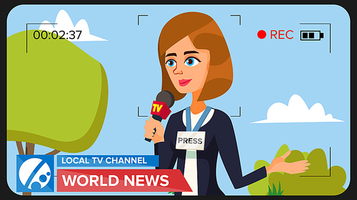 Special Correspondent Performing News Report. Vector Concept. Video Camera Viewfinder. Female Recording TV News. Production Video. Woman Reporter. Outside Broadcasting Cartoon Character Illustration
