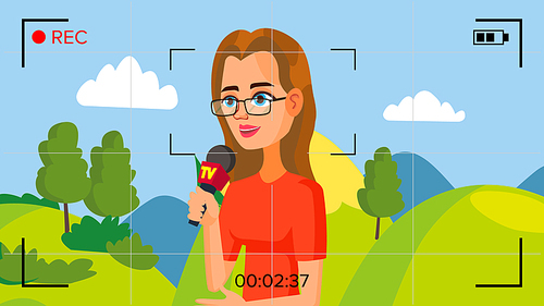 TV Reporter Presenting News. Vector Concept. Video Camera Viewfinder. Female Recording TV News. Production Video. Microphone. Woman Journalists Do Report. Flat Cartoon Illustration