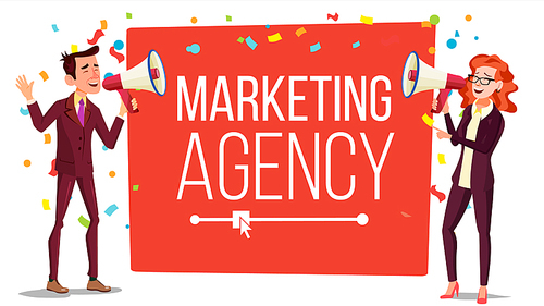 Marketing agency Banner Vector. Inbound, Outbound Marketing Banner. Male, Female With Megaphone, Loudspeaker. Place For Text. Illustration