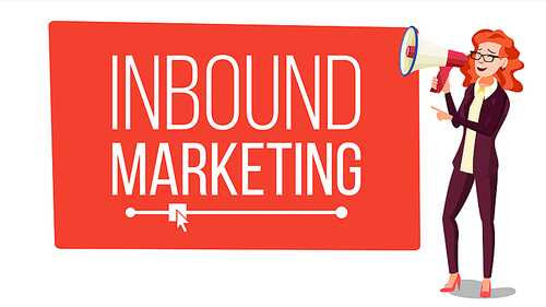 Inbound Marketing Banner Vector. Female With Megaphone. Place For Text. Loudspeaker. Web Pages, Social, Call to Action. Speech Bubble. Illustration