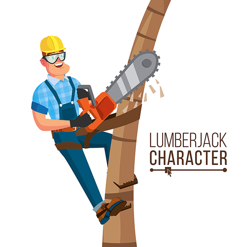 Lumberjack Vector. Classic Logger Man Working With Hand Chainsaw. Isolated Cartoon Flat Character Illustration