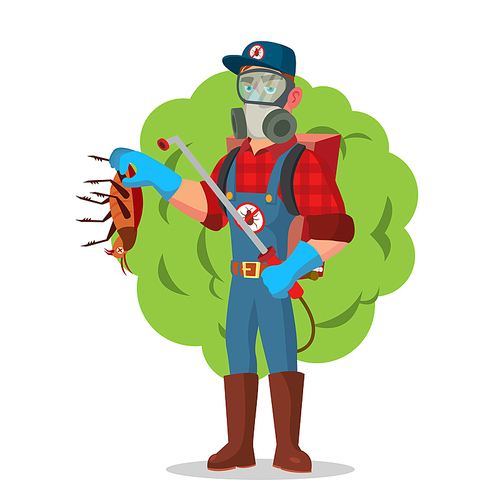 Anti Microbes Sanitation Vector Concept. Worker Spraying Pesticide. Chemical Protective Suit Termites. Disinfection. Isolated On White Cartoon Character Illustration