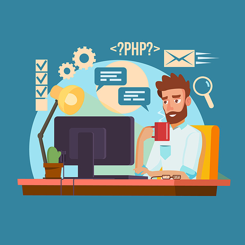 Programmer Man Vector. Stylized Young Developer. Person Working On Computer. Isolated Flat Cartoon Character Illustration