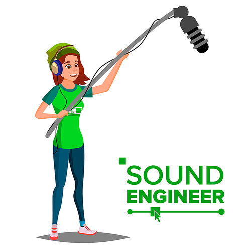 Sound Engineer Woman Vector. Professional Videography Studio. Journalist With Microphone. Cartoon Illustration