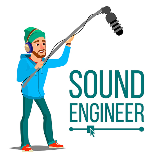 Sound Engineer Man Vector. Audio Recording Process. Journalist. Microphone. Isolated Cartoon Illustration