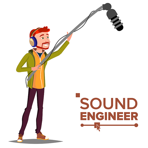 Sound Engineer Man Vector. Journalism Television Concept. Professional Videography Studio. Isolated Cartoon Illustration