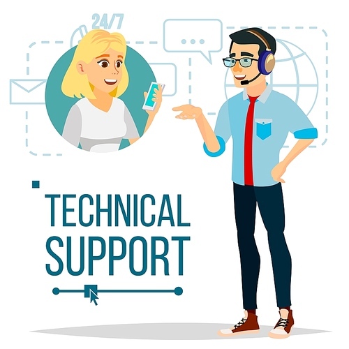 Technical Support Vector. Operator At work. Online Tech Support. Flat Isolated Illustration