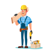 Timber Frame House Construction Worker Vector. Construction Worker On Framing A Building. Isolated Flat Cartoon Character Illustration