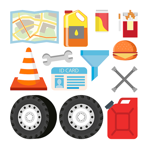 Driver Items Set Vector. Automobile Objects Accessories. Map, Oil, Soda, Cigarettes, Road Cone, Wrench Canister Gasoline Burger Hamburger Isolated Illustration