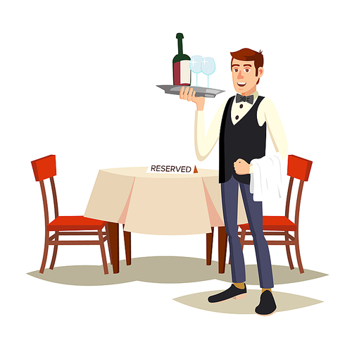 Waiter Serving Vector. Modern Waiter Reserved Table In Cafe, Restaurant. Flat Cartoon Illustration