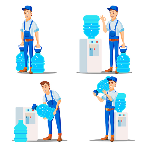 Water Delivery Service Man Vector. Delivering Clear Health Water Bottle In Home, Office. Isolated Flat Cartoon Illustration