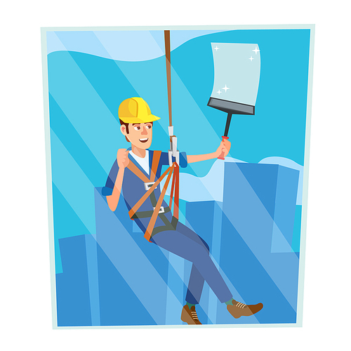 Window Washer Worker Vector. Man Cleaning Window Squeegee Spray. Window Washer Is Cleaning High Building. Cartoon Character Illustration