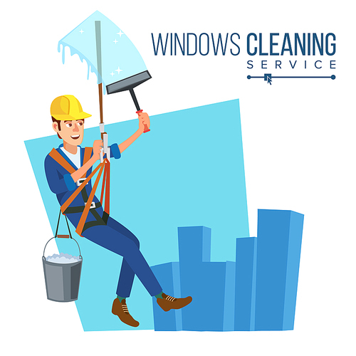 Windows Cleaning Worker Vector. Professional Worker Cleaning Windows. Modern Skyscraper. High Risk Work. Isolated Flat Cartoon Character Illustration