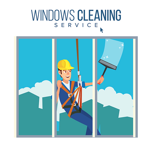 Skyscraper Cleaning Service Vector. Man With Bucket Of Water And Scraper. Professional Worker Cleaning Windows. Isolated On White Cartoon Character Illustration
