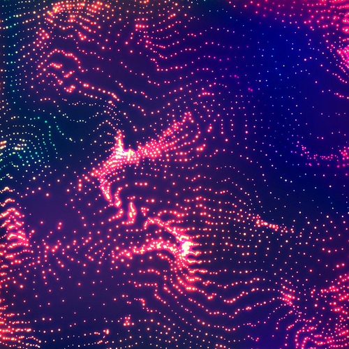 Digital Abstract Background With Glowing Halftone, Flying Debris.