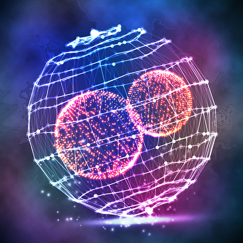 Digital Abstract Background With Glowing Halftone, Flying Debris.