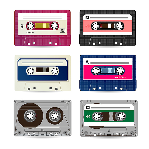Retro Audio Cassette Vector. Collection Of Different Colorful Music Tapes. Isolated On White
