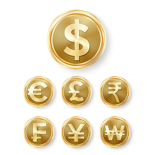 Gold Coins Set Vector. Realistic Money Sign. Dollar, Euro, GBP, Rupee, Franc Renminbi Yuan Won