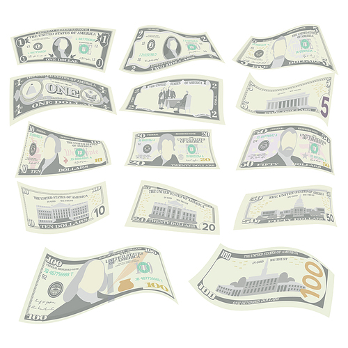Flying Dollars Set. Vector. Two Sides Of American Money Bill Isolated Illustration. Flying Cash Dollar. Every Denomination Of US Currency