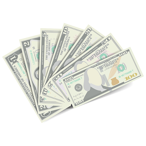 Dollars Banknote Stack Vector. American Money Bill Isolated Illustration. Realistic Money Stacks Concept. Cash Symbol Dollars. Every Denomination Of US Currency
