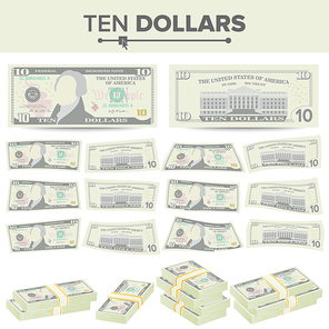 10 Dollars Banknote Vector. Cartoon US Currency. Two Sides Of Ten American Money Bill Isolated Illustration.