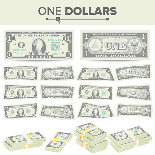 1 Dollar Banknote Vector. Cartoon US Currency. Two Sides Of One American Money Bill Isolated Illustration.