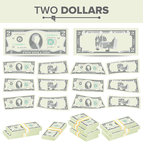 2 Dollars Banknote Vector. Cartoon US Currency. Two Sides Of Two American Money Bill Isolated Illustration.