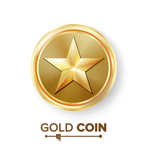 Game Gold Coin Vector With Star. Realistic Golden Achievement Icon Illustration. For Web, Game