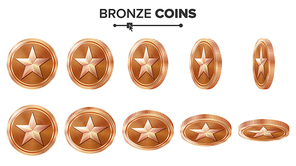 Game 3D Bronze Coin Vector With Star. Flip Different Angles. Achievement Coin Icons, Sign, Success, Winner, Bonus, Cash Symbol. Illustration Isolated On White.