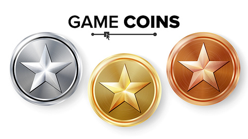 Game Gold, Silver, Bronze Coins Set Vector With Star. Realistic Achievement Icon Illustration. Rank Medals For Game User Interface, Web, Video Game