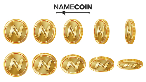 Namecoin 3D Gold Coins Vector Set. Realistic. Flip Different Angles. Digital Currency Money. Investment Concept. Cryptography Finance Coin Icons, Sign. Fintech Blockchain. Currency Isolated