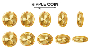 Ripple Coin 3D Gold Coins Vector Set. Realistic. Flip Different Angles. Digital Currency Money. Investment Concept. Cryptography Finance Coin Icons Sign. Fintech Blockchain. Currency Isolated