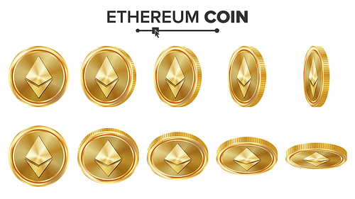Ethereum Coin 3D Gold Coins Vector Set. Realistic. Flip Different Angles. Digital Currency Money. Investment Concept. Cryptography Coin Icons, Sign. Fintech Blockchain. Currency Isolated