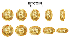 Bitcoin 3D Gold Coins Vector Set. Realistic. Flip Different Angles. Digital Currency Money. Investment Concept. Cryptography Finance Coin Icons, Sign. Fintech Blockchain. Currency Isolated