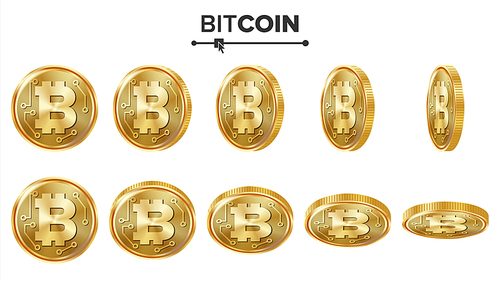 Bitcoin 3D Gold Coins Vector Set. Realistic. Flip Different Angles. Digital Currency Money. Cryptography Finance Coin Icons, Sign. Currency Isolated