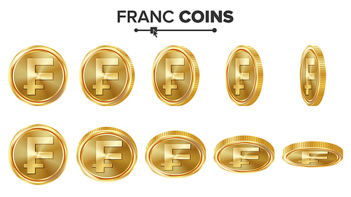 Franc 3D Gold Coins Vector Set. Realistic Illustration. Flip Different Angles. Money Front Side. Investment Concept. Finance Coin Icons, Sign, Success Banking Cash Symbol. Currency Isolated