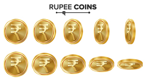 Rupee 3D Gold Coins Vector Set. Realistic Illustration. Flip Different Angles. Money Front Side. Investment Concept. Finance Coin Icons, Sign, Success Banking Cash Symbol. Currency Isolated