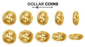 Dollar 3D Gold Coins Vector Set. Realistic Illustration. Flip Different Angles. Money Front Side. Investment Concept. Finance Coin Icons, Sign, Success Banking Cash Symbol. Currency Isolated