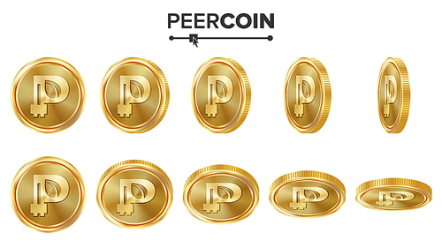 Peercoin 3D Gold Coins Vector Set. Realistic. Flip Different Angles. Digital Currency Money. Investment Concept. Cryptography Finance Coin Icons, Sign. Fintech Blockchain. Currency Isolated