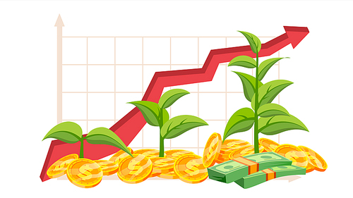 Startup Growth Concept Vector. Tree Growing On A Golden Coins. Growth Graph. Success Aim Reaching. Green Plant. Investment Analytics. Financial Report. Isolated Illustration
